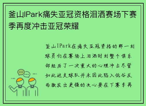 釜山IPark痛失亚冠资格泪洒赛场下赛季再度冲击亚冠荣耀